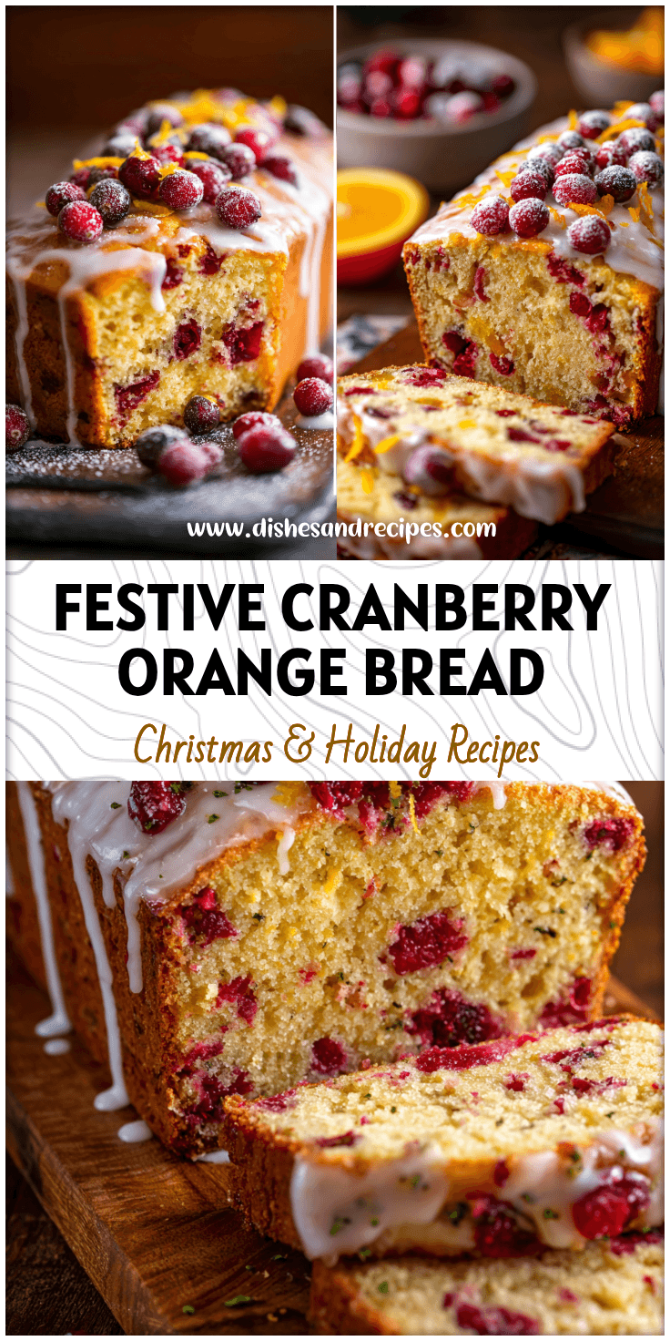 Loaf of Christmas cranberry bread topped with orange glaze and cranberries, a bright Easy Christmas Bread gift idea.